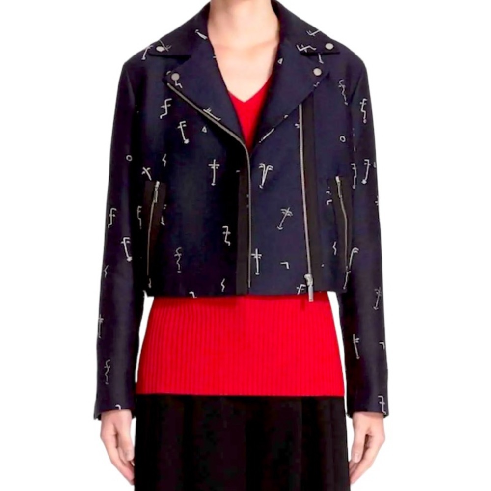$695 NWT Jason Wu Metallic Embroidered Faces Cropped Moto Jacket 2 Small Blue